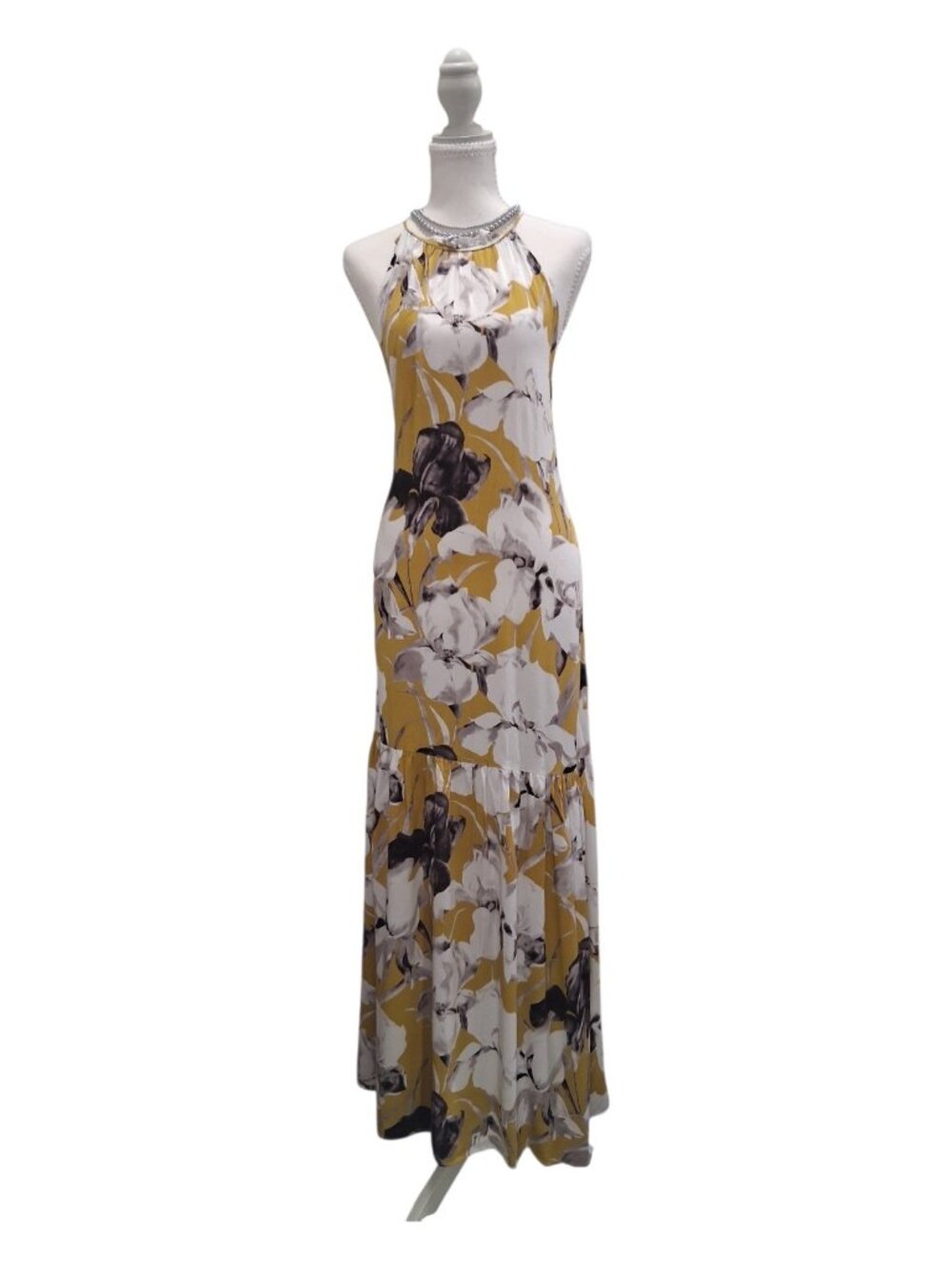Floral Halter Maxi Dress Yellow White Tiered Boho Long Dress S